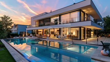 Fototapeta na wymiar Impressive modern mansion with pool at dusk