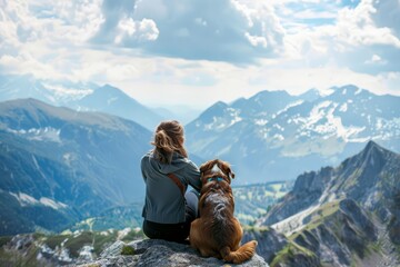 Adventurous woman enjoying a scenic mountain view with her loyal dog Showcasing the bond between human and pet in nature