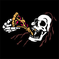 vector illustration artwork of grim reaper skull skeleton eating pizza slice.