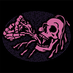 vector illustration artwork of grim reaper skull skeleton eating pizza slice.