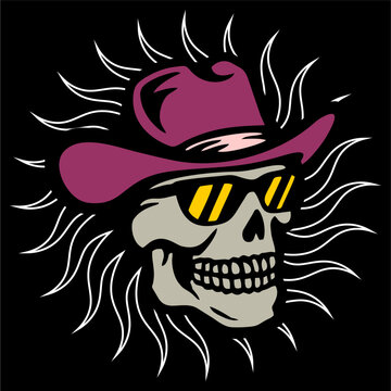 vector illustration artwork of skull head with cowboy hat and sun glasses
