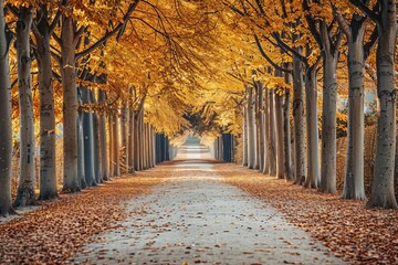 Autumn scene with a picturesque alley lined with golden trees Creating a peaceful and beautiful seasonal landscape - obrazy, fototapety, plakaty