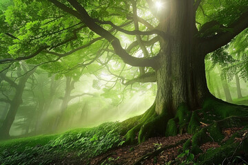 A mystical forest shrouded in mist, with ancient trees and ethereal light