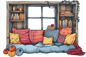 Cartoon cute doodles of a cozy reading nook, with characters surrounded by pillows, blankets, and a stack of favorite books, Generative AI - obrazy, fototapety, plakaty
