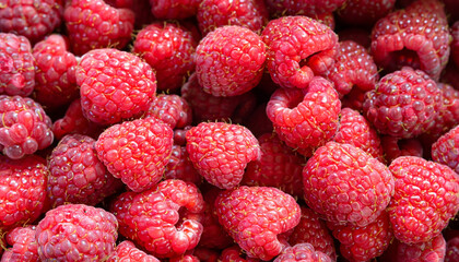 Full frame closeup of fresh ripe red healthy raspberries in pile on stall