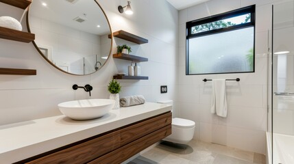 Minimalist Bathroom with Floating Shelves and Wall-Mounted Toilet