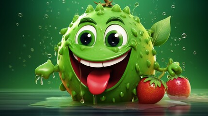 Green Cartoon Character With Two Strawberries