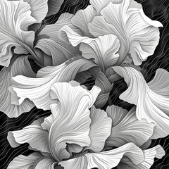 A black and white illustration of abstract iris petals, suitable for nature-themed designs or art projects.