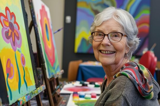 Group art class for seniors focusing on painting Fostering creativity and community engagement among older adults
