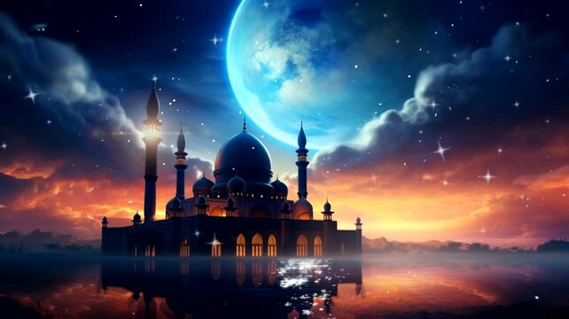 Mosque scene with stars in the background, animated virtual repeating seamless 4k