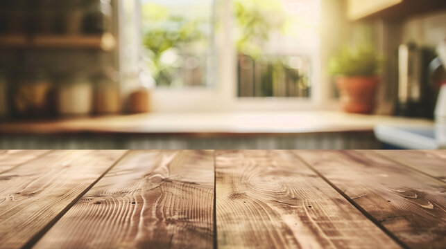 The wood table top is on a blurred kitchen background. can be used mock-up for a montage product display or design layout. 
