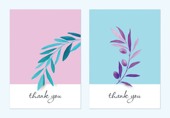 Fototapeta na wymiar Thank you card, minimalist pastel olive leaf branch