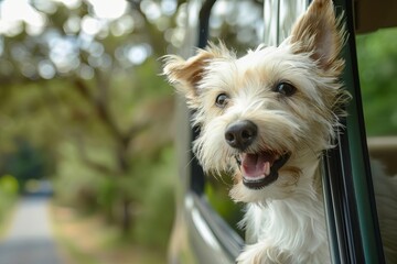 Joyful dog enjoying a ride in a car Sticking its head out of the window with the wind in its fur Embodying freedom and happiness