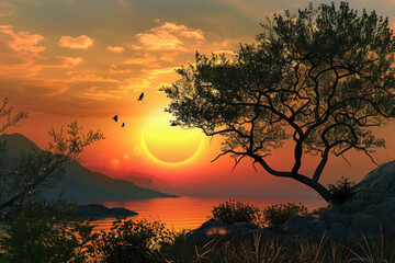 Breathtaking sunsets over tranquil landscapes, radiating warmth and serenity