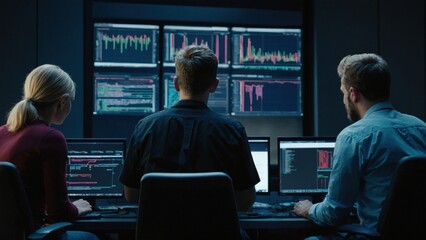 A group of IT specialists write software code for their client