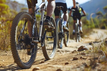 Mountain biking adventure on a rugged trail Showcasing the thrill and physical challenge of outdoor sports - obrazy, fototapety, plakaty