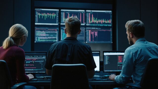A group of IT specialists write software code for their client