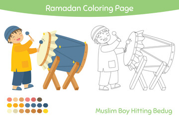 Cute happy muslim boy hitting bedug outline cartoon vector for kids coloring page. Printable Ramadan coloring page template cartoon vector.