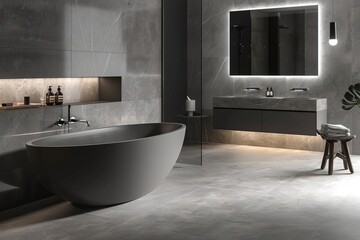 Fototapeta premium Sleek grey marble bathroom featuring led lighting A double vanity And a freestanding tub Embodying modern elegance and sophisticated design in home interiors