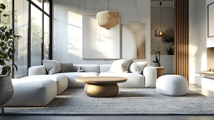Fototapeta na wymiar Interior design of modern elegant living room inspired by scaninavian style 