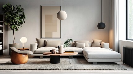 Fototapeta na wymiar Interior design of modern elegant living room inspired by scaninavian style 