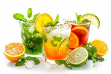 Tropical cocktail Refreshing summer drink Mojito and caipirinha Isolated on white Beverage delight Citrus refreshment