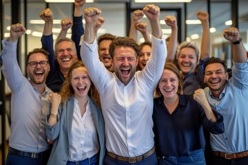 Corporate Business Photography of a Triumphant Group of Business Leaders Celebrating a Successful Project Completion, Generative AI