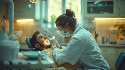 Female dentist examining a patient with tools in the dental clinic. close up of a doctor doing dental treatment on man's teeth in the dentists chair. - obrazy, fototapety, plakaty