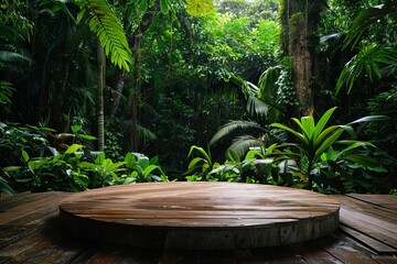 Wooden podium in a lush tropical forest Offering a natural stage for product presentation amidst greenery