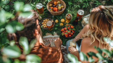 View from above of relaxed man and woman lying down at the park with hand basket, appetizing snacks, and beers on blanket. Couple on picnic lying on blanket in grass outdoors at Spring - obrazy, fototapety, plakaty