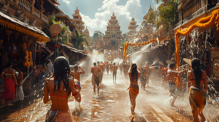 Songkran Festival Thailand, a crowd of people playing with water on the street, Thai Songkran Festival, Thai New Year in Thailand a festival where people play with water at sunset with temple - obrazy, fototapety, plakaty