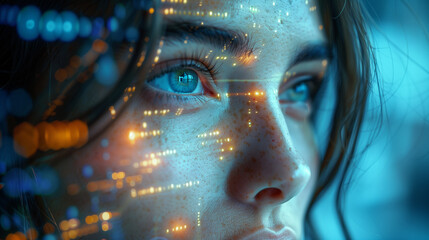 Futuristic, AI and businesswoman, IoT and connectivity, cyber data overlay and technology innovation, reflection of data code on face - obrazy, fototapety, plakaty