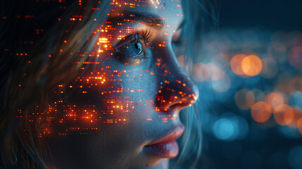 Futuristic, AI and businesswoman, IoT and connectivity, cyber data overlay and technology innovation, reflection of data code on face, hacker concept
