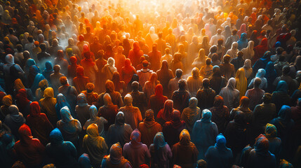 High angle view of crowds of people covered in colour at Holi, a Hindu spring festival, crowd of people on the street with powder and colorful clothes in India with a temple on the background