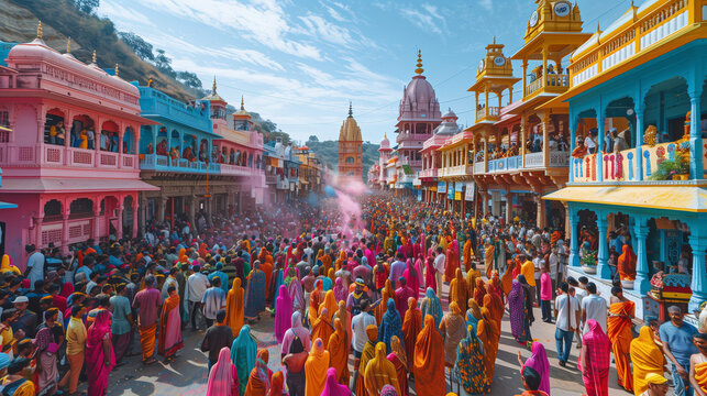 crowds of people covered in colour at Holi, a Hindu spring festival, crowds of people on the street with powder and colorful clothes