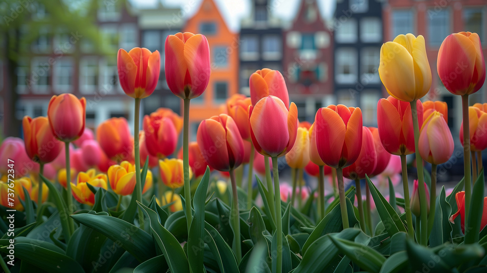 Wall mural  tulips in front of Amsterdam row houses, city scene, colorful Spring season in the Netherlands, colorful tulips in Amsterdam city - Wall murals