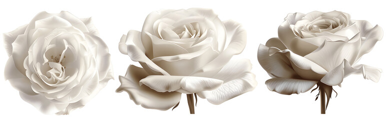 A set of isolated white rose flowers, perfect for weddings and romantic occasions.