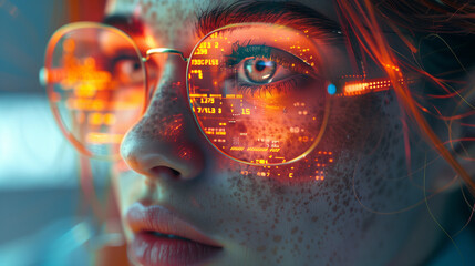 Futuristic, AI and businesswoman, IoT and connectivity, cyber data overlay and technology innovation