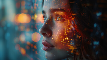 Futuristic, AI and businesswoman, IoT and connectivity, cyber data overlay and technology innovation, reflection of data code on face, 