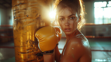 A female boxer hits a huge punching bag at a boxing studio. Woman boxer training hard in a studio