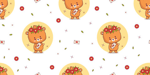Seamless pattern with bear girl in flower wreath on white background. Funny kawaii animal character. Vector illustration.