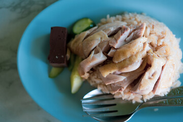 Sliced chicken with marinated rice served with cucumber in a blue plate. Asian food style
