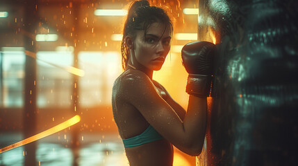 Fototapeta na wymiar A female boxer at a boxing studio., a Woman boxer training hard in the gym, sweating women in the gym boxing in the evening soft light