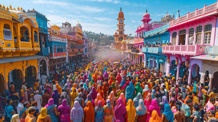 High angle view of crowds of people covered in colour at Holi, a Hindu spring festival, crowd of people on the street with powder and colorful clothes in India with a temple on the background - Powered by Adobe
