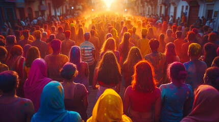 High angle view of crowds of people covered in colour at Holi, a Hindu spring festival, crowd of people on the street with powder and colorful clothes in India at sunset - obrazy, fototapety, plakaty