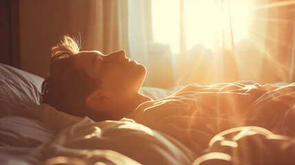 Young man sleeping comfortably in a bed with soft morning sunlight. National bed month concept