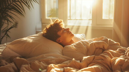 Young man sleeping comfortably in a bed with soft morning sunlight. National bed month concept
