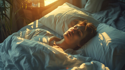 Young man sleeping comfortably in a bed with soft morning sunlight. National bed month concept