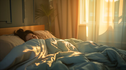 Young woman sleeping comfortably in a bed with soft morning sunlight. National bed month concept