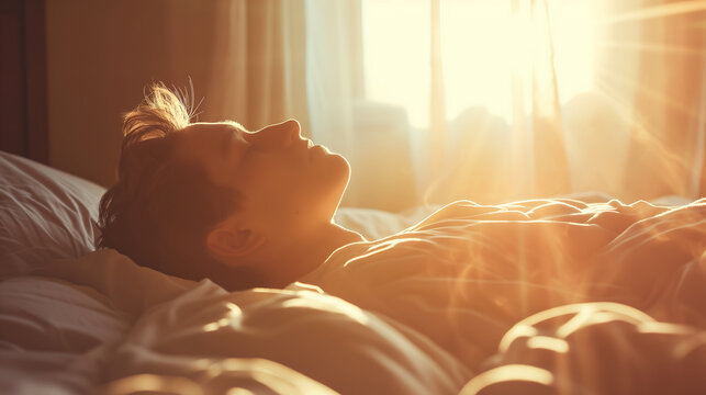 Young man sleeping comfortably in a bed with soft morning sunlight. National bed month concept